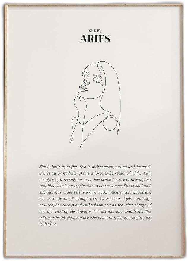 She is Aries print featuring a minimalist line drawing with a Gemini zodiac influence, a neutral star sign wall poster ideal for home decor and gift giving.