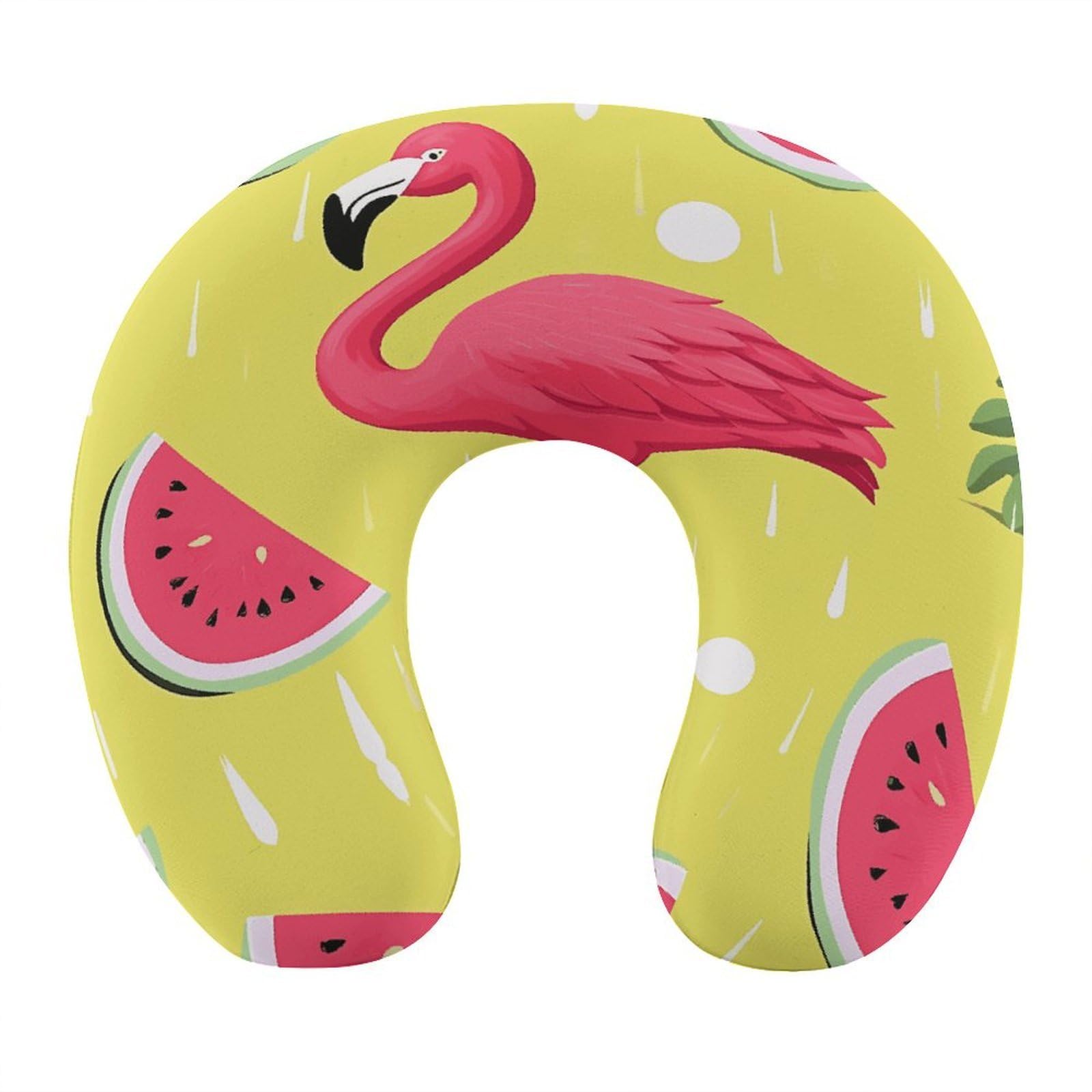 FekiLoot Pink Flamingo and Watermelon Travel Pillow U Shaped Neck Pillow Comfortable Memory Foam Pillow Portable Soft Headrest Lightweight Neck and Head Support for Planes Trains Self-Driving Cars