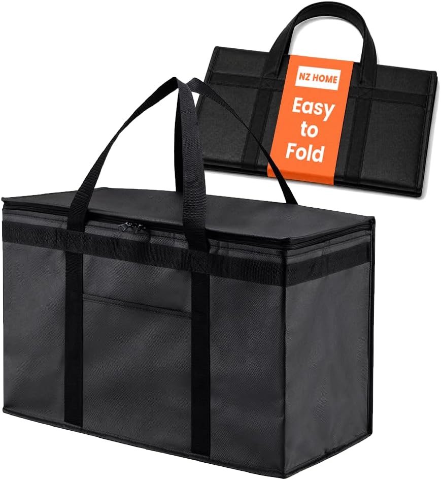 2XL Insulated Grocery Bag, Sturdy Zipper, Collapsible, Heavy Duty, Stands Upright, Jumbo Size Tote, Ideal for Large Grocery Shopping, Food Delivery, Catering Bag (XXL Premium Black, 1)