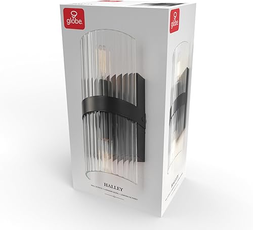 Miniatura 8 de Globe Electric 65000050 Aplique de pared de 2 luces, negro mate, pantalla de vidrio acanalado, enchufes de base E12, luces de pared para sala de