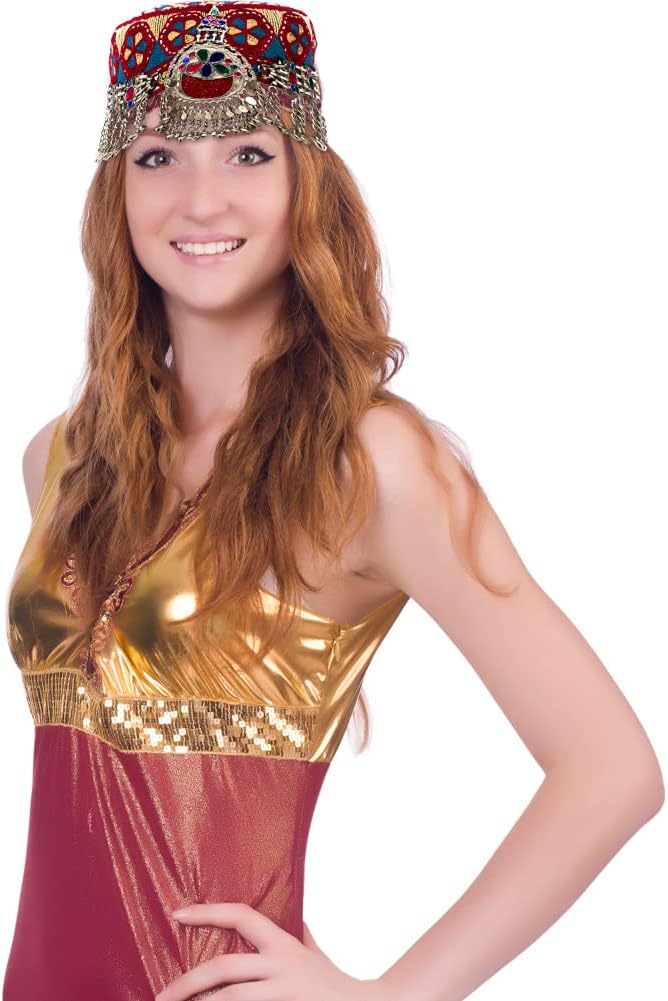 Duel On Jewel | Turkish Kayi Afghan Tribal Women’s Cap Headpiece | Oxidized Silver Medallion, Multicolor Stones & Beads