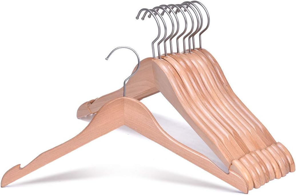 JS HANGER Wooden Coat Hangers, 10 Pack Wood Bridal Dress Hangers, Premium Wooden Shirt Hangers with Notched Shoulders and Anti-Rust Hook, Extra Smooth and Splinter Free Natural Finish