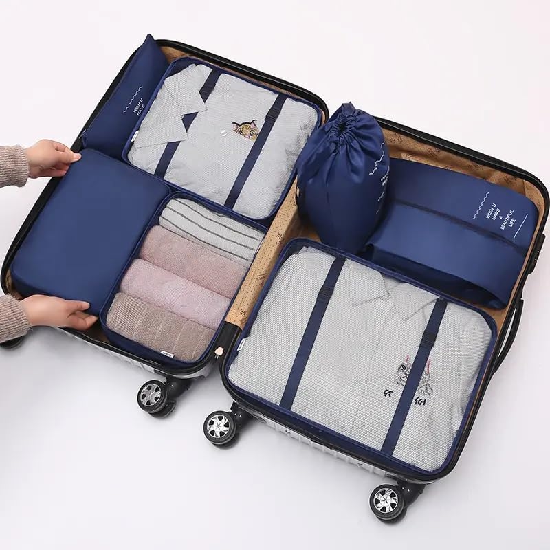 Image of 7 Pcs Foldable Luggage and Laundry Bag Pouch Waterproof Travel Toiletry Organizer Garment Storage Bag Portable Packing Cubes Storage Bag (1 Pc) (Grey) (NAVY BLUE)