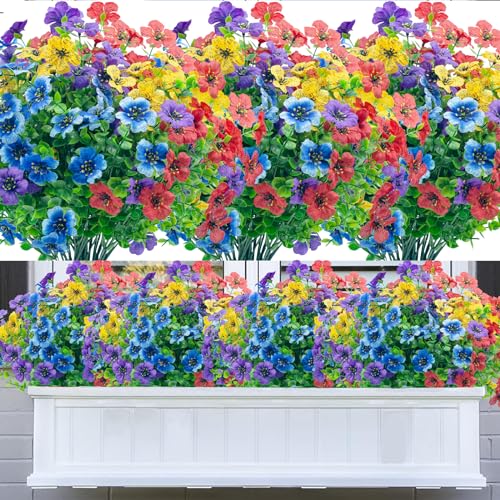 DRT DERUITAI Artificial Flowers for Outdoors,8 Bundles UV Resistant Faux Fake Outdoor Flowers No Fade Plants Plastic Shrubs for Home Indoor Outside Decor(Mix Color)