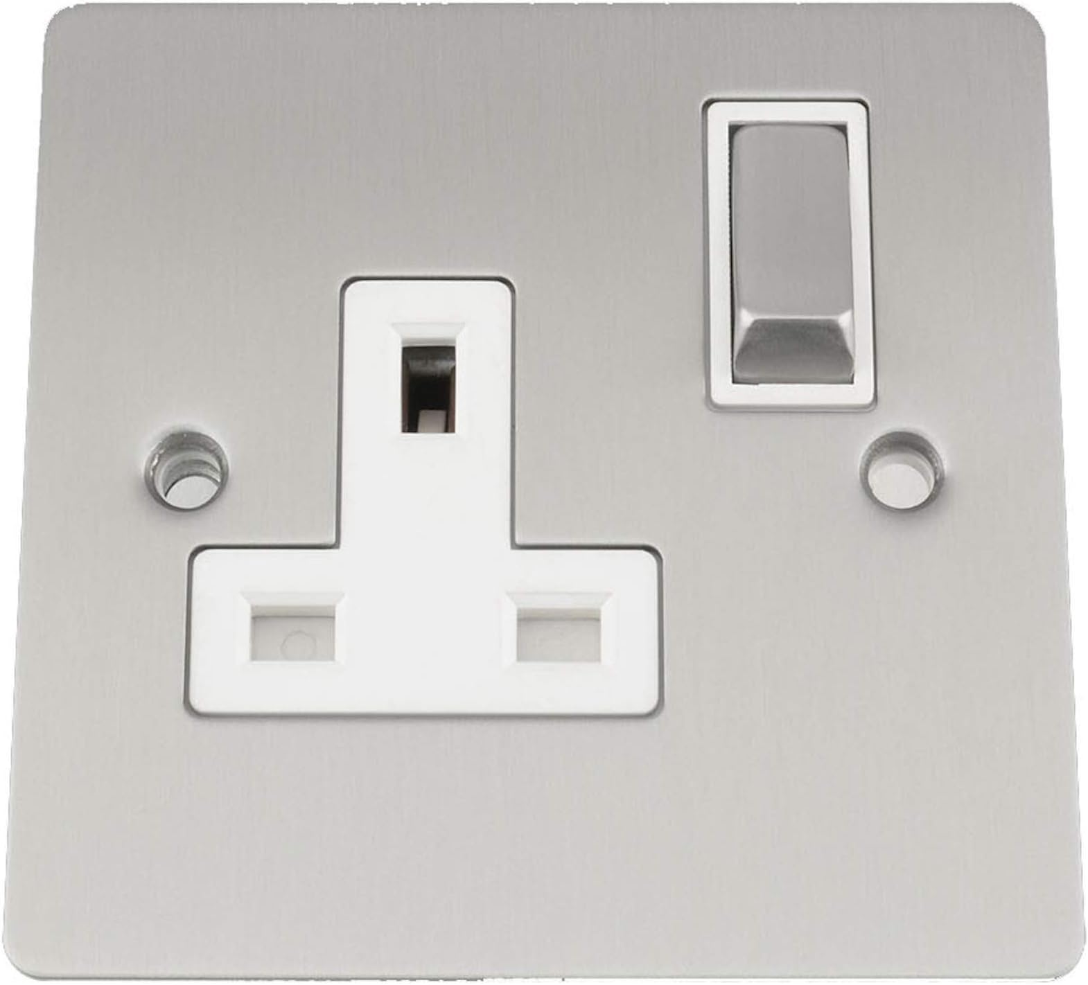 Single Plug Socket 1 Gang 13A -Satin Matt Chrome -Flat -White Insert -Metal Rocker Switch