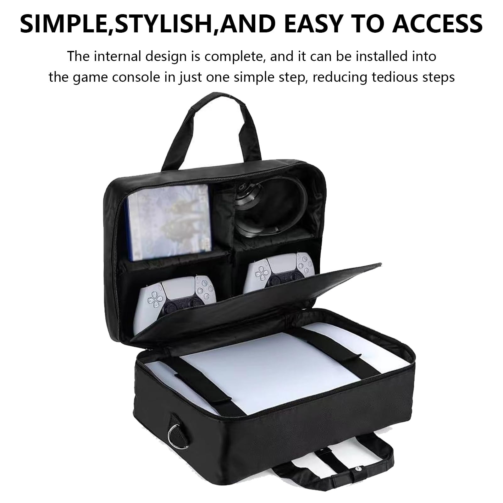 Borsa Per PS5, Custodia Nera Compatibile con Console Playstation 5 Dischi di Gioco Cavi Caricabatterie Borsa Per Console con Scomparti Divisibili Per Controller PS5 Cuffie Da Gioco e Accessori