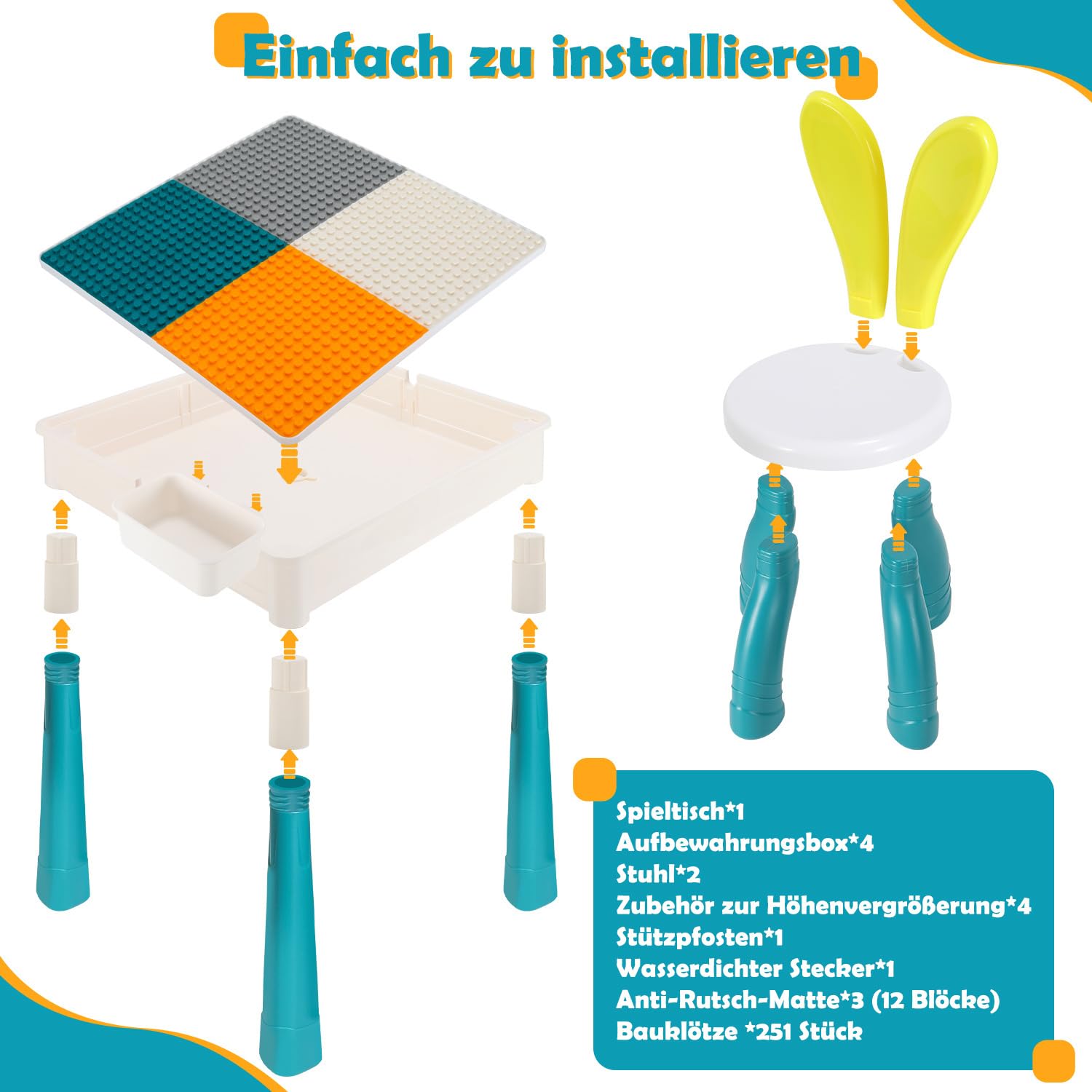 Kindertisch mit 2 Stühlen, Bausteintisch 2-in-1 mit Wendplatte, höhenverstellbar 44/51 cm, Spieltisch mit 4 Boxen und Innenfach, 251 Bausteine, Bastel- und Lerntisch, Weiß/Türkis