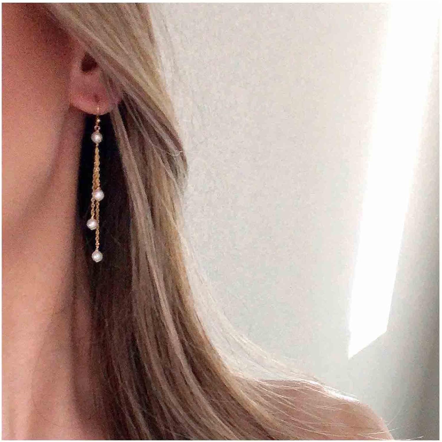 Vintage Pearl Drop Earrings Tiny Pearl Tassel Chain Earrings Bridal Pearl Dangle Earrings Long Cluster Pearl Earrings Jewelry for Women - Image 2