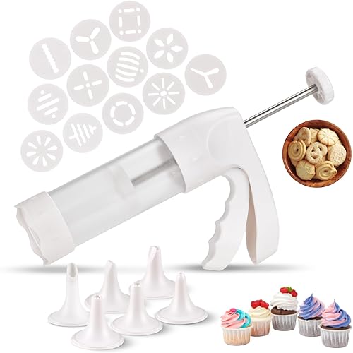 Miniatura 7 de Kit de prensa de galletas para hacer galletas y decoración con 12 discos de decoración de cocina y 6 puntas de glaseado de embudo, máquina para