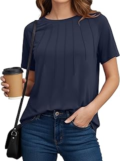 Womens Tunic Tops Summer Casual Short Sleeve T-Shirts Crewneck Pleated Blouses Dressy Loose Fit Fashion Tops