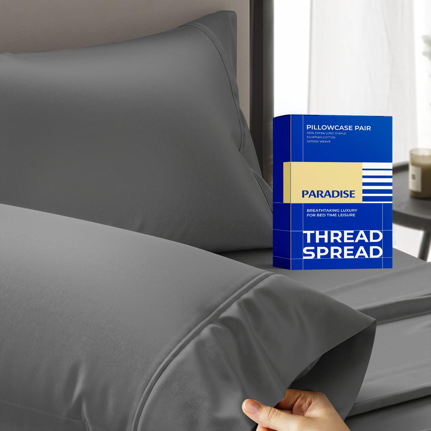 THREAD SPREAD 1000 TC Egyptian Cotton Sateen Pillow Cases, Queen/Standard, Set of 2, Dark Grey