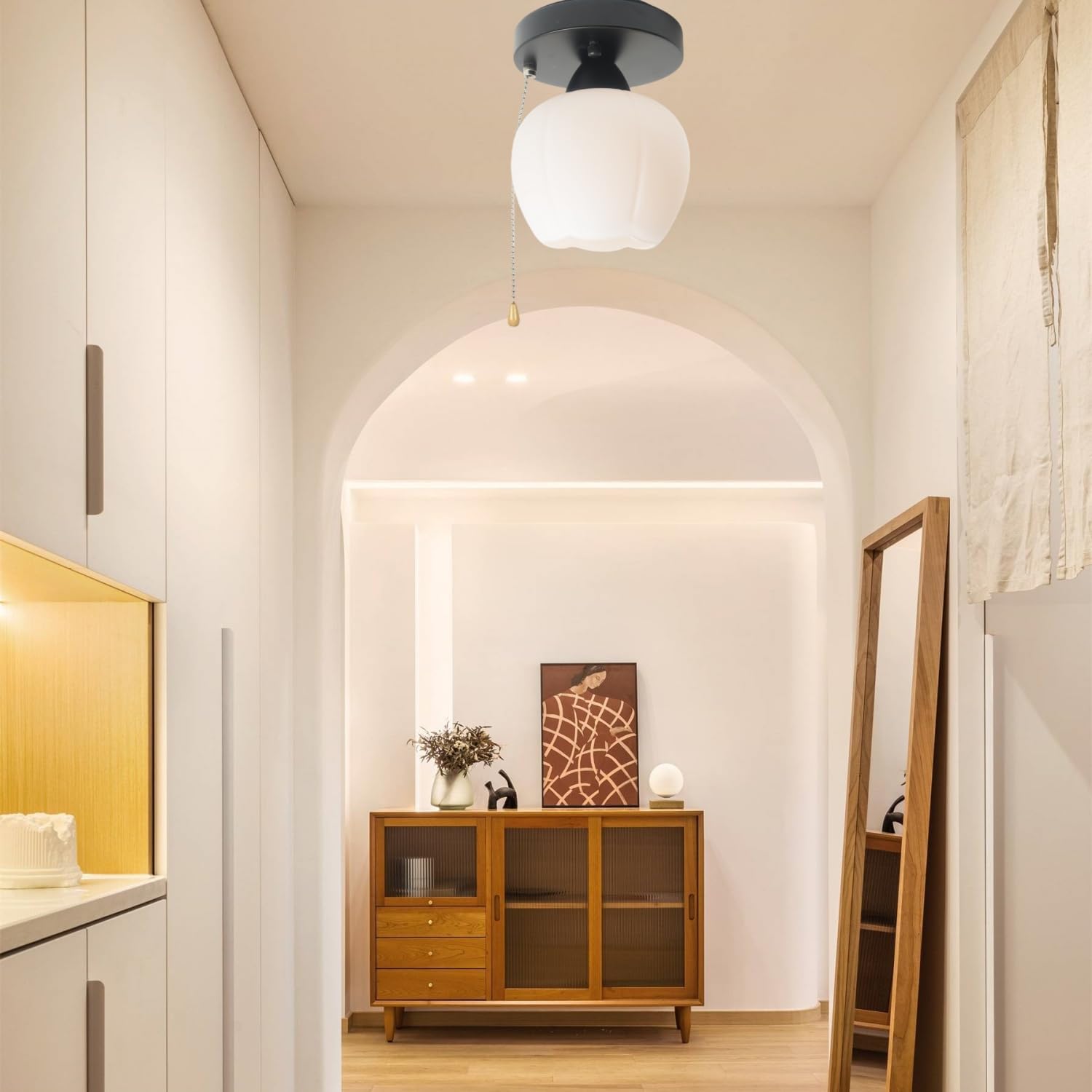 Beuhouz Modern Semi Flush Mount Light with Pull String, Mid Century Kitchen Entryway Ceiling Light Fixture with Globe Creamy White Glass Shade Pull Cord Pantry Mudroom Light 1-Light E26 8094