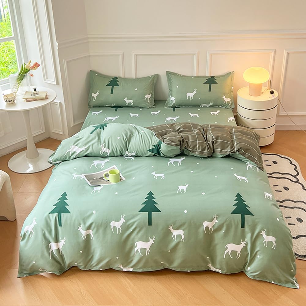 Mengersi Christmas Deer Duvet Cover Set Full Size,Deer Tree Printed Bedding Sets,Plaid Comforter Cover Set with Zipper Closure for New Year Holidy Xmas Gifts