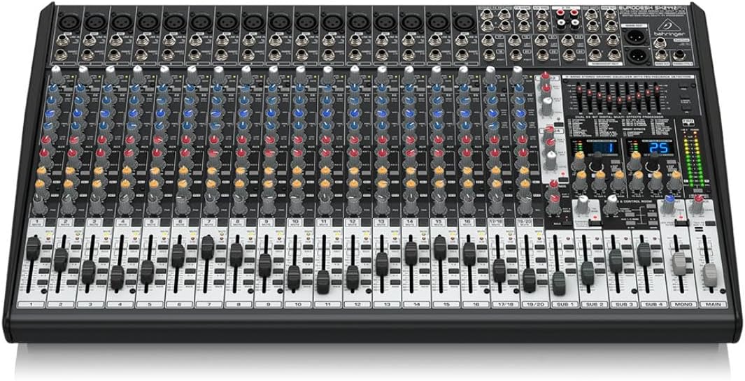 കോണാകൃതിയിലുള്ളത് view of Behringer EURODESK SX2442FX mixer, focusing on channel strips and main controls