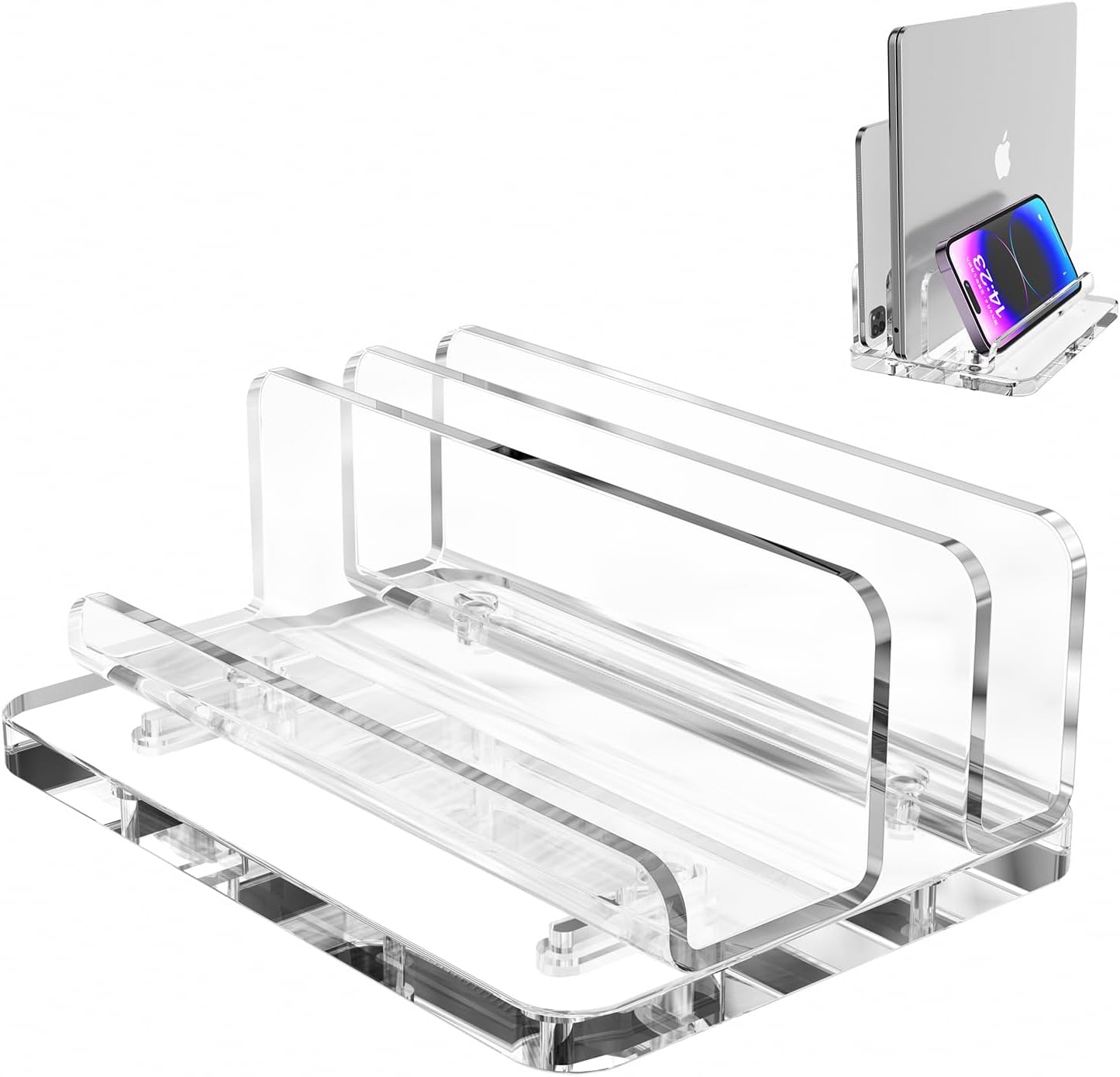 Acrylic Vertical Laptop Stand, 3-in-1 Design with Adjustable Slot Width, Suitable for Desktop Space Saving, Supports MacBook, iPad, iPhone, Chromebook, Surface, Samsung, etc