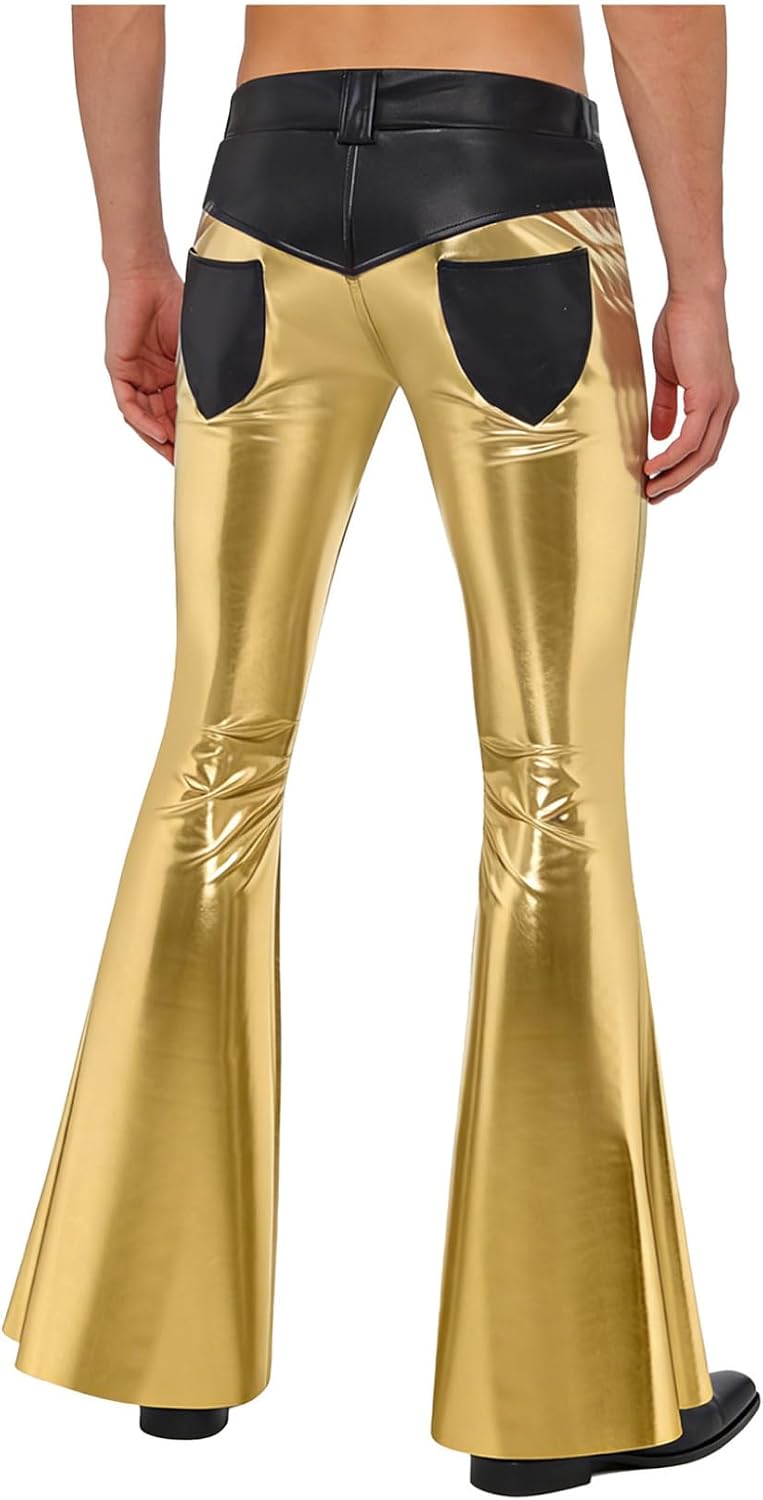 Mens 70s Disco Dance Pants Metallic Shiny 80s Costumes Bell Bottoms Vintage Cowboy Trousers