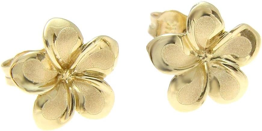 14K solid yellow gold Hawaiian 11mm plumeria flower stud post earrings