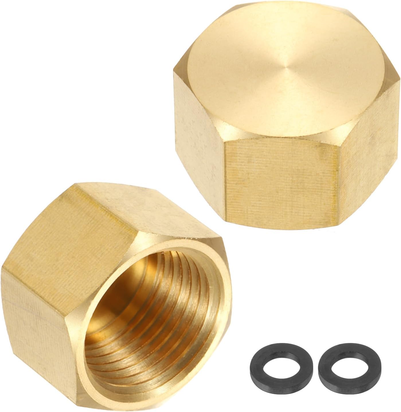 uxcell 2Pcs Brass Hex Head Plug Compression Cap Fitting Stop Valve Cap, 1/4" NPT Hex Thread Pipe Fitting Flare Cap Tubing Ends Sealing Cap with Gasket for Air Conditioner, Water, Gold