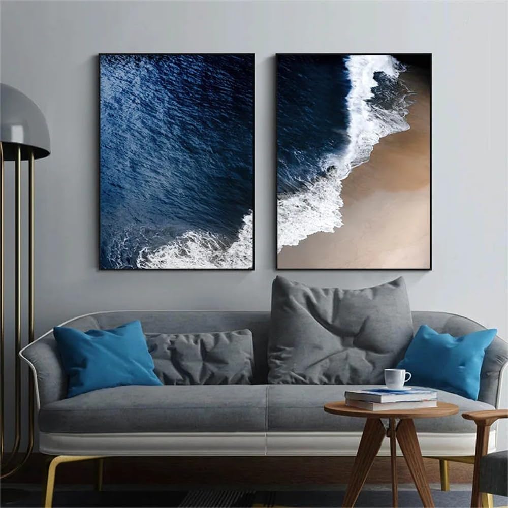 WBYZAC Set of 2-Blue Ocean Beach Waves Landscape Wall Art Painting Nordic Abstract Canvas Poster Seascape Print Picture Modern Living Room Home Decoration-40 * 50cm (No Frame)