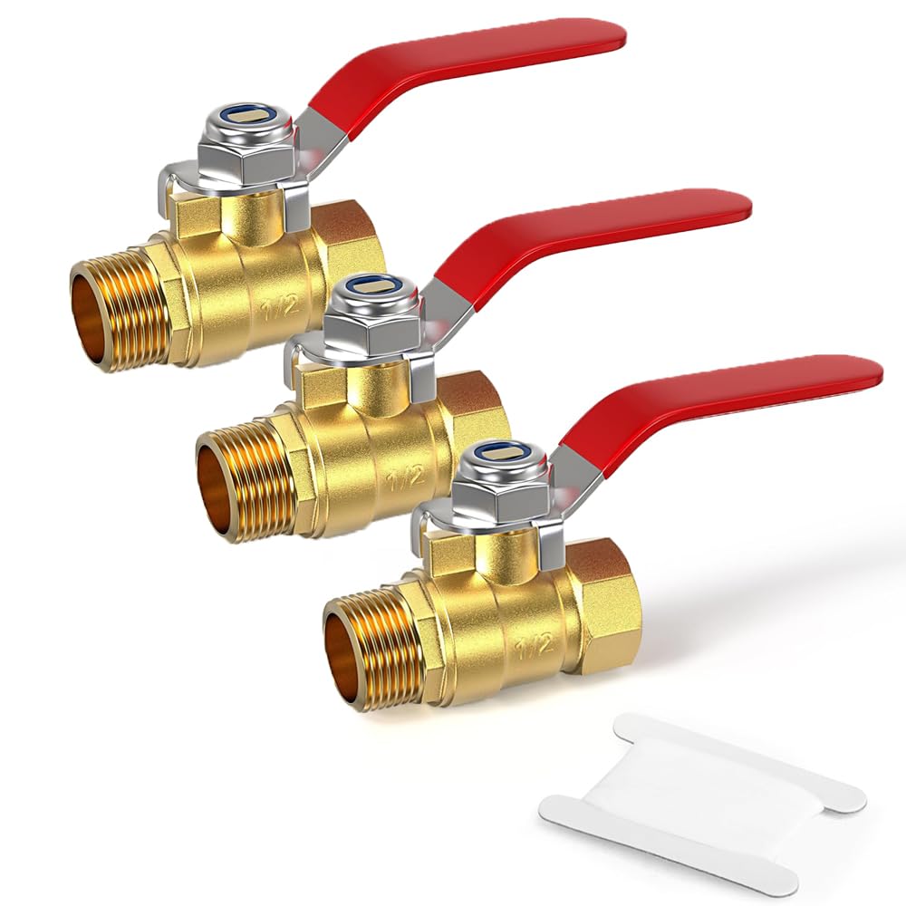 Ball Valve, 3Pcs 1/2 Inch Brass Mini Ball Valve Shut Off Switch, 1/2 Inch Male x Female NPT Thread Pipe Fitting Thread Pipe Fitting Air Compressor Shut Off Valve