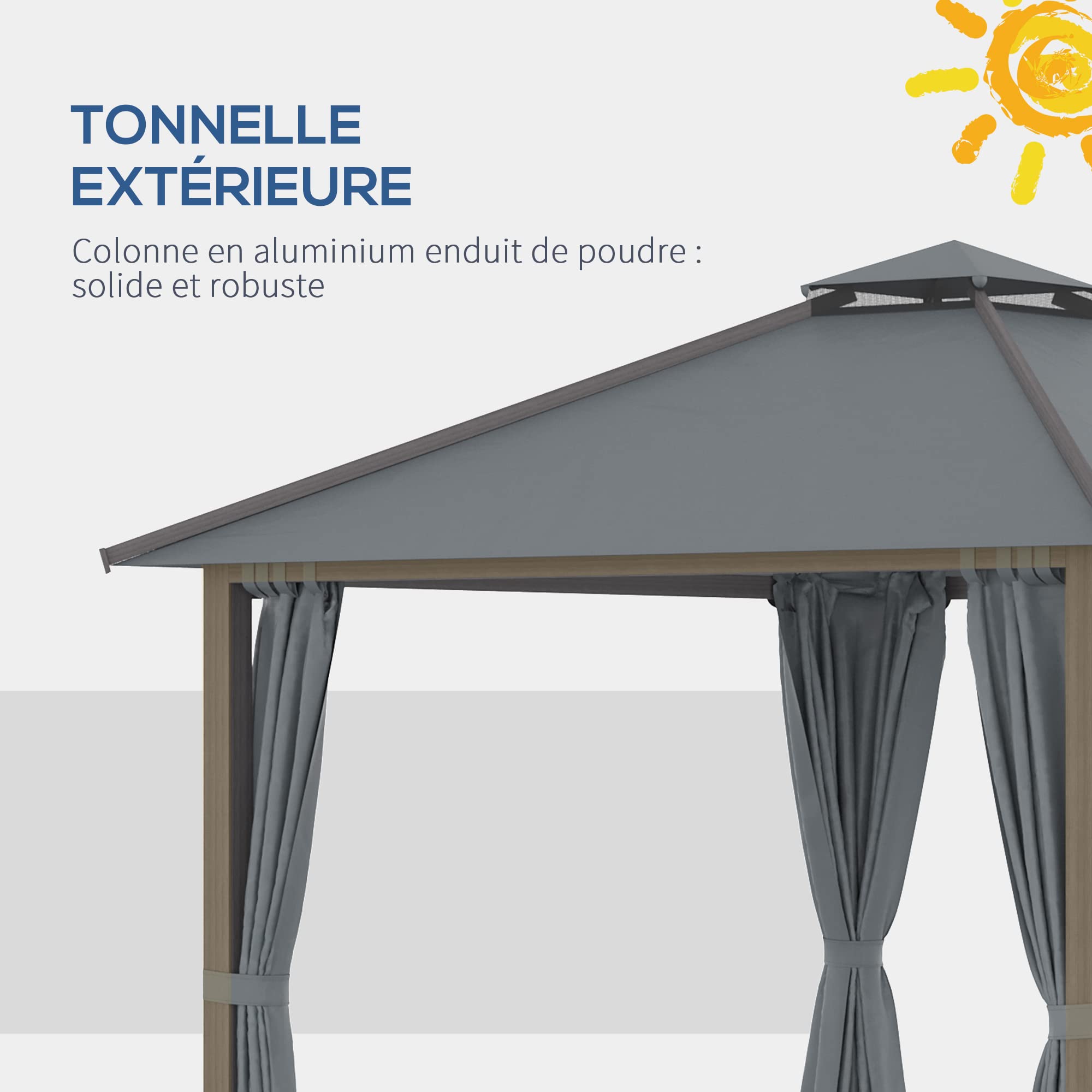 Outsunny Tonnelle de Jardin Pergola Extérieur Double Toit 3 x 3 m Gris