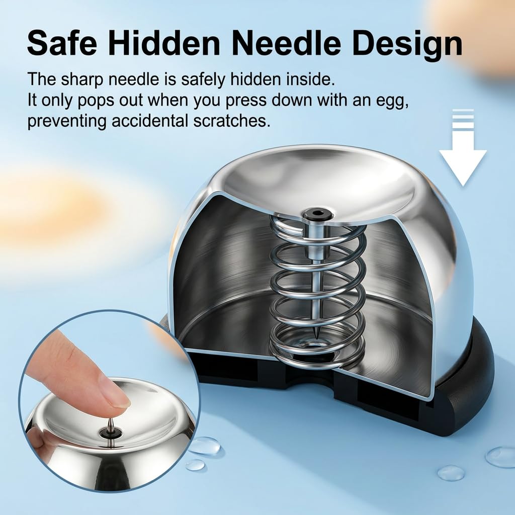 1 Perforador/abridor de huevos de acero inoxidable con cierre de seguridad, perforador de huevos para huevos duros, práctico ayudante de cocina, apto para lavavajillas, negro.