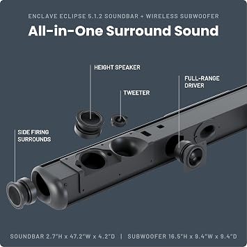 Enclave Eclipse 5.1.2 Dolby Atmos Soundbar with 8 Wireless Subwoofer - Includes 11 Custom Drivers & 8-Inch Subwoofer for Multidimensional Spatial Sound