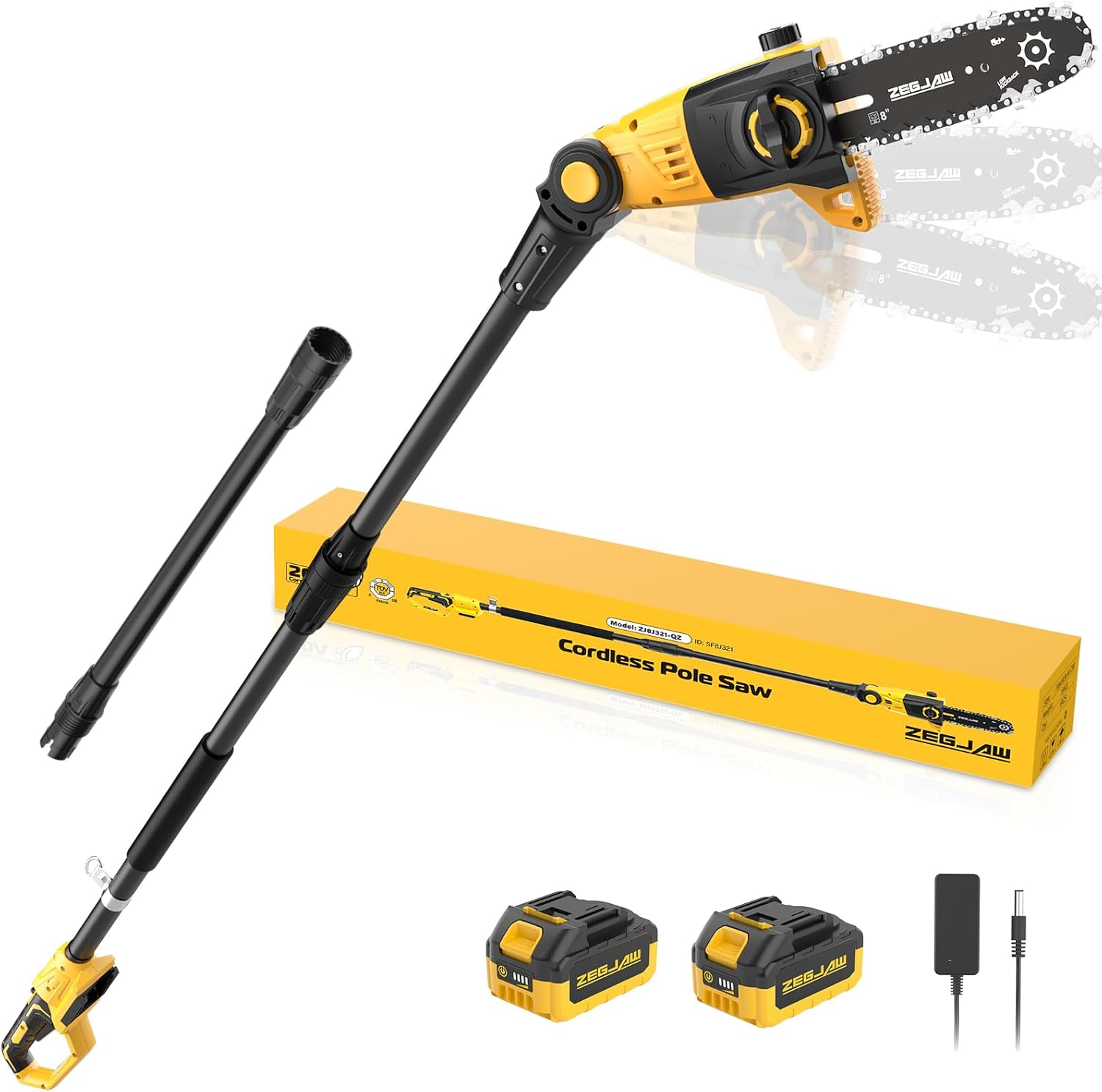 ZEGJAW Pole Saw, 8-Inch Cordless Pole Saw for Tree Trimming, 15-FT Max Reach, 16ft/s Cutting Speed, Auto Oiling, Tool-Less Electric Pole Saws, Tree Trimmer with 2x3.0Ah Battery & Charger