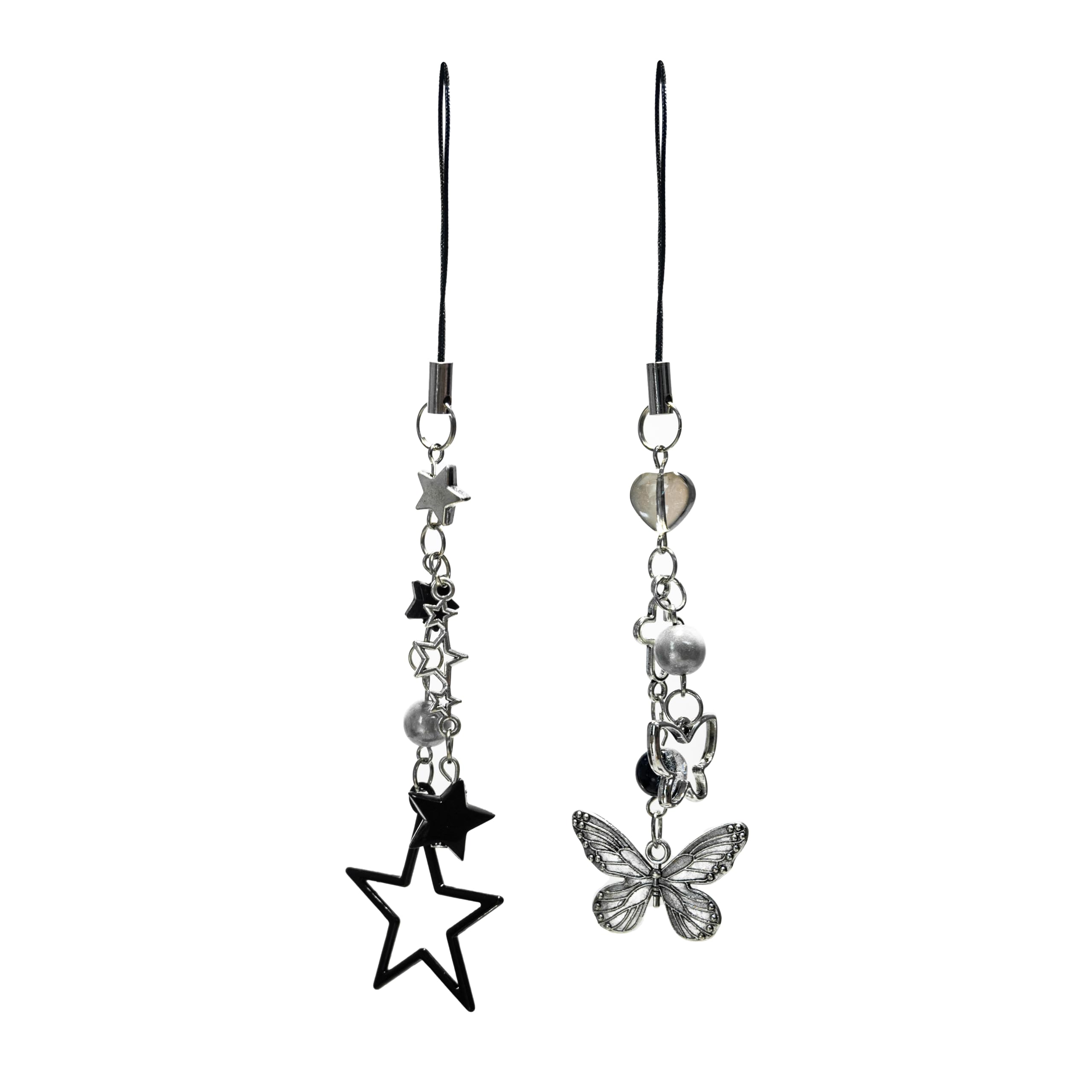 BaiFlorye 2 Pack Cell Phone Charms, Black Stars Butterflies Phone Charms, Women Keychain Beaded Charm, Decor For Phone Bag Airpods And Camera