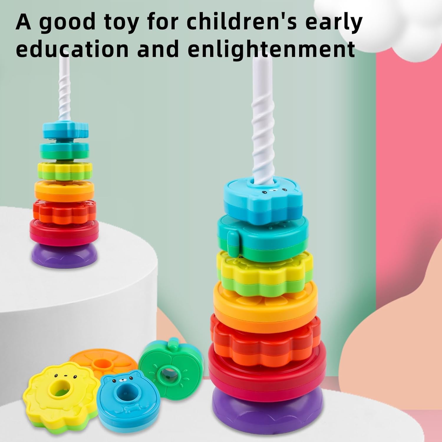 Cable World Baby Spinning Stacking Toys for Toddlers 1-3, Rainbow Ring Stacker Montessori Toys for Babies, 1 2 3 One Year Old Girl Boy Christmas Birthday Gifts, Autism Sensory Learning Toy 4