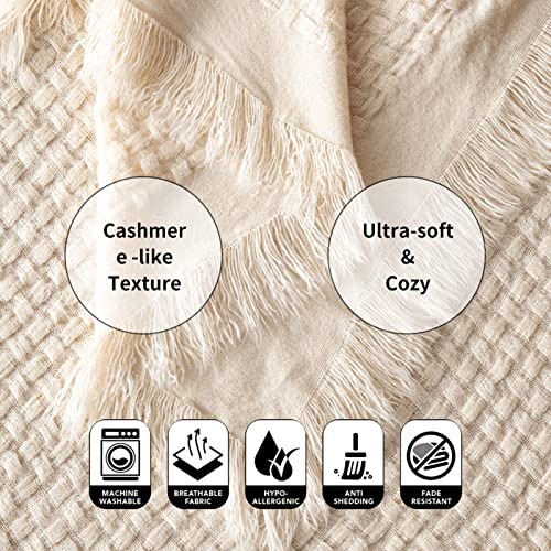 Cozecube Boho Throw Blanket For Couch, Spring Throw Blanket, Basket Weave Waffle Throw Blanket, Farmhouse Lightweight Throw Blanket With Fringe, Cream, 60'' X 50'' #TOP4