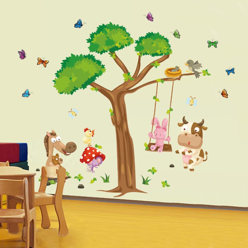 Removable Animal Wall Decals - Cartoon Owls, Giraffe, Lion, Trees & Butterflies Kids Room Decor - View #10