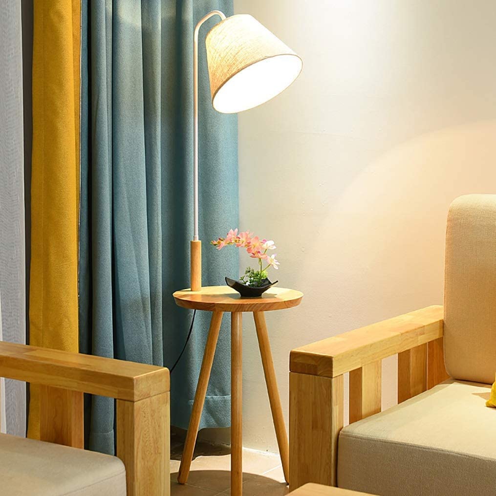 Lampa Podłogowa Lampa Podłogowa Z Półką Nowoczesne Lampy Stojące Drewniana Podstawa Statywu I Abażur Tkaniny E27 Do Czytania Stojąca Sypialni Salonu(White,Foot switch)