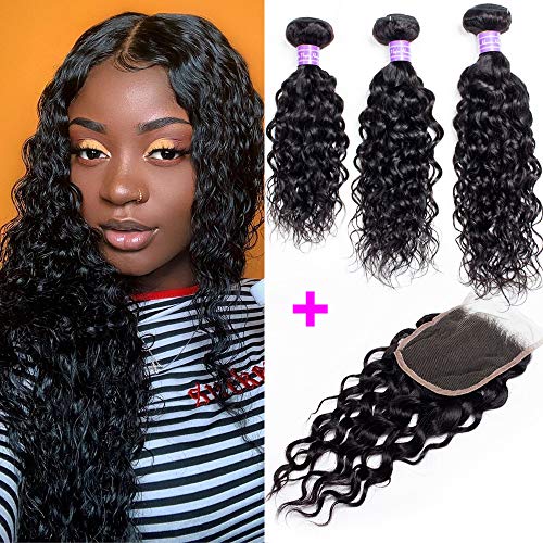 Water Wave Bundles With Closure Brazilian Hair Wet And Wavy 3 Bundles With Closure Deep Curly Human Hair Extensions 8a Grade Natural Color (10 12 14 with 10)
