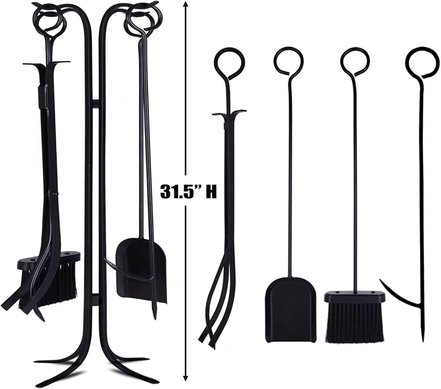 5 PCS Fireplace Tools Set Black Handle Wrought Iron Large Fire Tool Set,for Indoor Fireplace Decor Outdoor Fire Pit Modern Tool Poker Tongs Shovel Brush Fireside Accessories,Black,31.5in