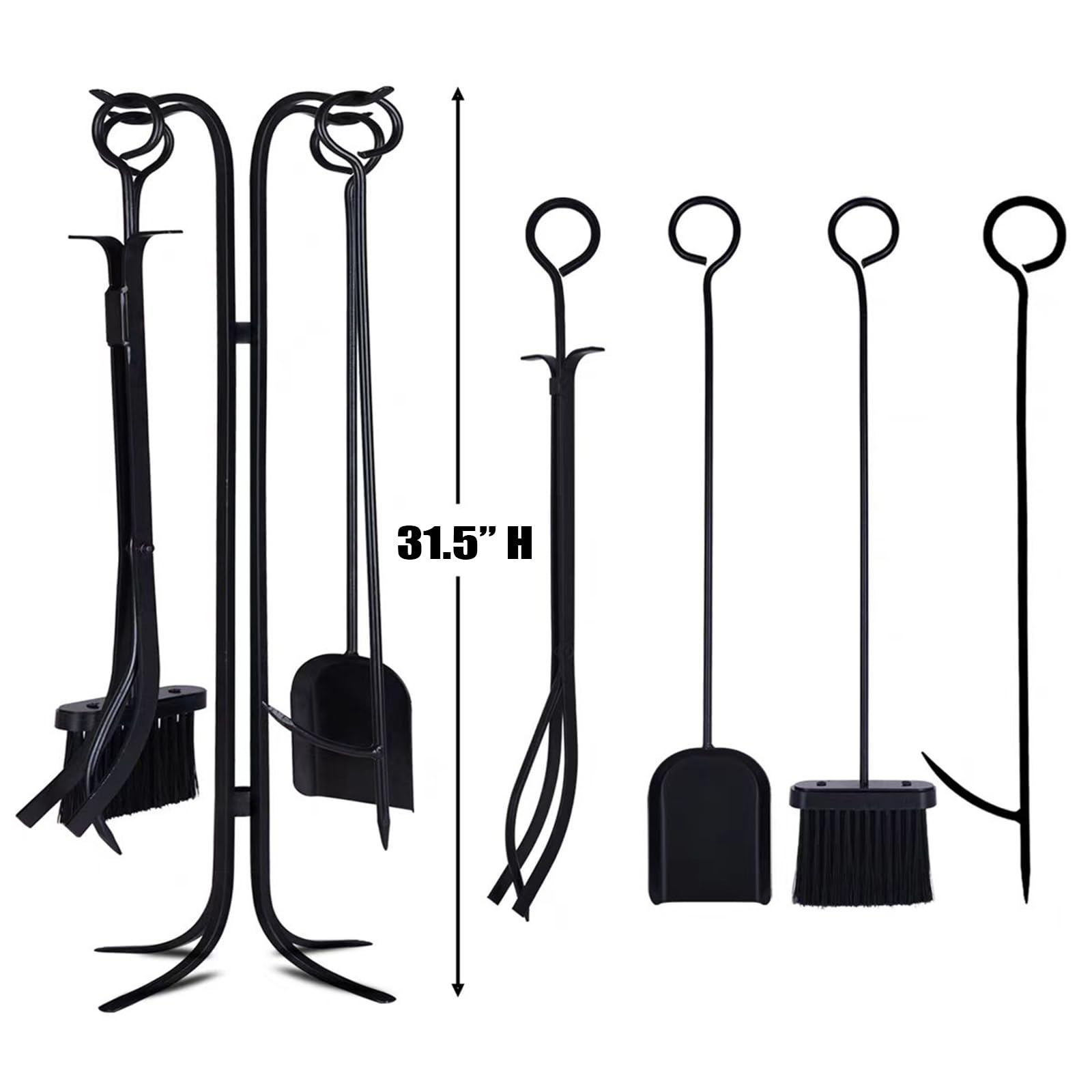 Set Attrezzi per Camino 5 Pezzi, Base con Attizzatoio, Pinza, Paletta E Scopa,Metallo,Strumenti per Camino in Ferro Battuto Nero E Accessori per Caminetto per Interni,Nero,31.5in