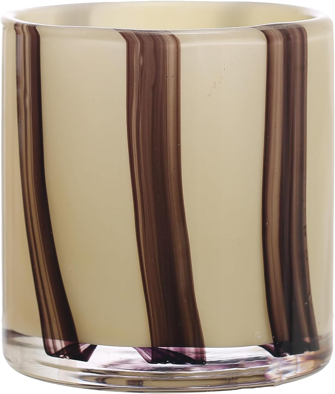 Round Glass Candle Holder/Vase with Stripes, Cream and Purple