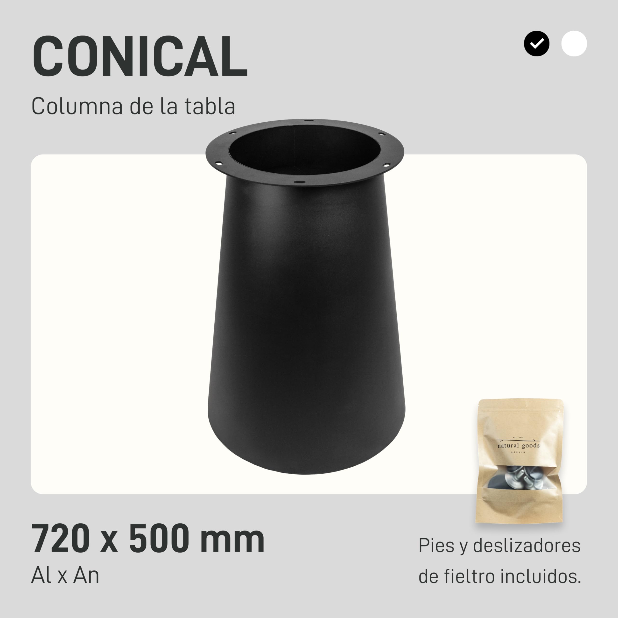 Natural Goods Berlin Columna de mesa CONICAL Patas de mesa de metal negro 72 cm de alto – Estilo Japandi aspecto listones – Estructura redonda – Base de mesa cónica – Base de mesa para mesa de comedor