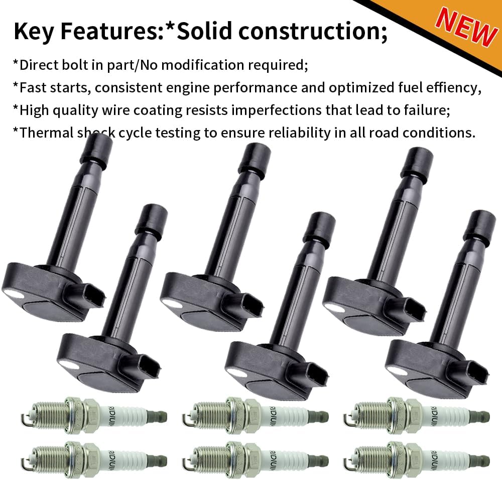 6PCS UF242 Ignition Coil Pack with Spark Plugs Compatible with 1999-2010 Acura CL EL MDX RL TL Honda Accord Civic Odyssey Pilot Ridgeline Saturn Vue V6 3.2L 3.5L L4 1.7L 3.0L