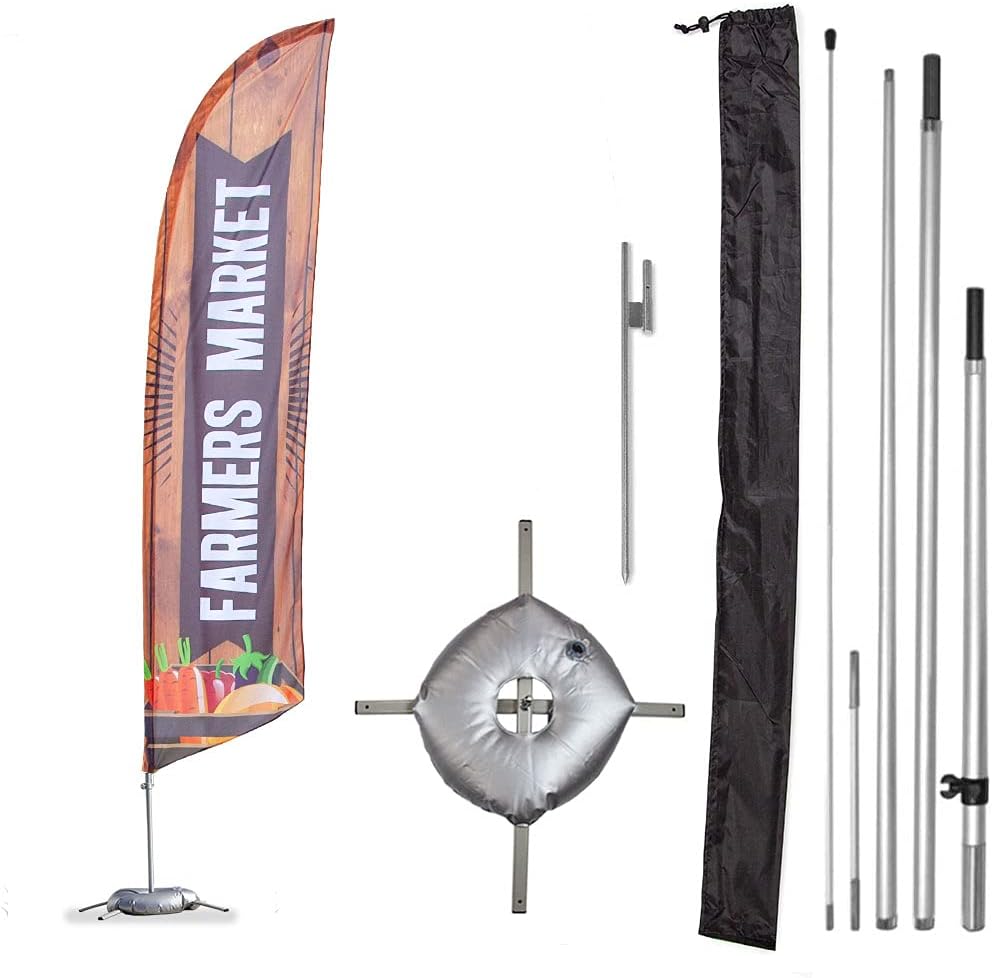 Vispronet Premium Farmers Market Feather Flag Kit - Includes 13ft Sectional Aviation Grade Fiberglass Poles, Farmers Market Flag, Cross Base, Weight Bag, Ground Spike and Pole Sleeve Bag