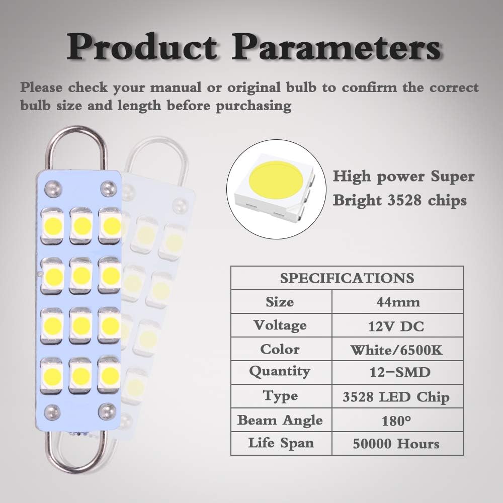 LEDKINGDOMUS 561 Led Bulb, 44mm Bright White Festoon LED Bulb 12 SMD 3528 Chipsets, Rigid Loop 1.73" Interior Dome Map LED Lights 561 562 567 564 Bulb, Pack of 10