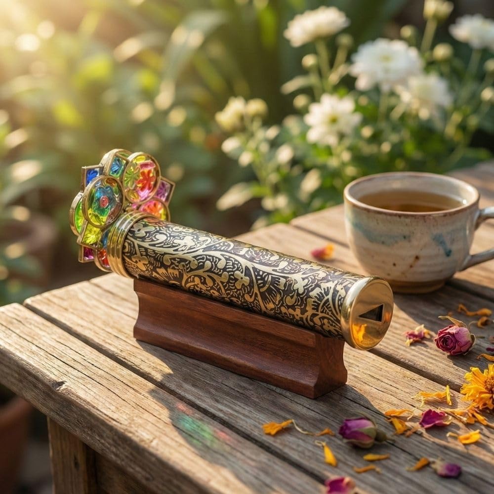 Handmade Giant Trigon Flower Brass Kaleidoscope – Stunning Visual Display with Hardwood Base – Unique Gift for Collectors, Art Lovers & Home Decor Enthusiasts