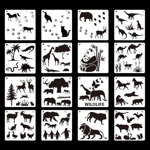 Rolin Roly 16pcs Animal Painting Stencils Plastic Drawing Painting Templates Reusable Graphics Stencils Animals Stencils Pattern for Crafts DIY Walls Paper Card Home Decoration