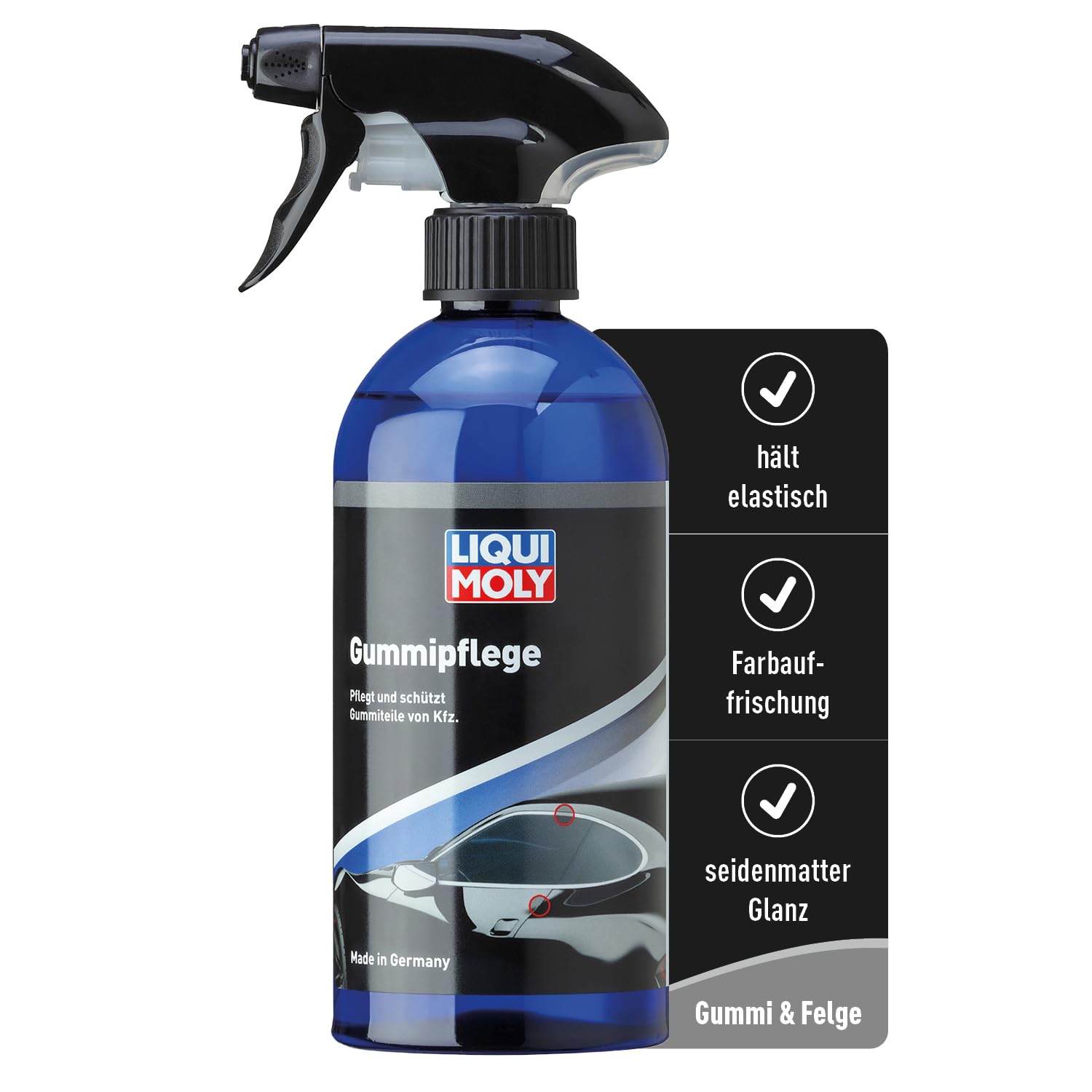 LIQUI MOLY Gummipflege, Art.-Nr.: 1538 I 500 ml Gummi Spray für Automatten, Reifen, Dichtungen & Co. I Schutz und Pflege mit seidenmattem Glanz I Silikonfrei I Autogummipflege für die Kfz Aufbereitung