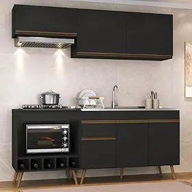 Multimóveis Armário Cozinha Modulada Compacta c/Gabinete p/Pia e Balcão p/Cooktop Veneza MP3775 Preto/Dourado 190 x 203 x 53 cm