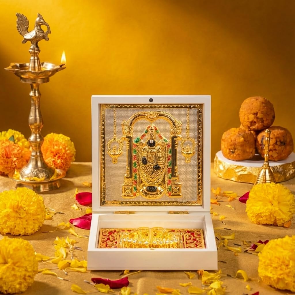 Lord Gold Plated Balaji Pocket Temple for Pooja Room | Venkateshwar Swami Divine Pooja Boxes with Photo Frame & Charan Paduka for Gifting & Home Decor (Medium - White) 4.5 Inch