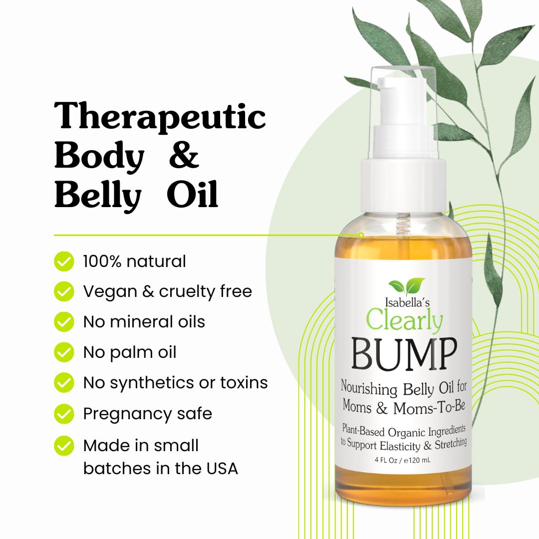 Isabella's Clearly BUMP, Organic Belly Oil for Moms and Moms to Be | Firming, Hydrating, Skin Nourishing Moisturizer for Skin Elasticity, Stretch Marks, Scars | Pregnancy, Maternity, Postpartum