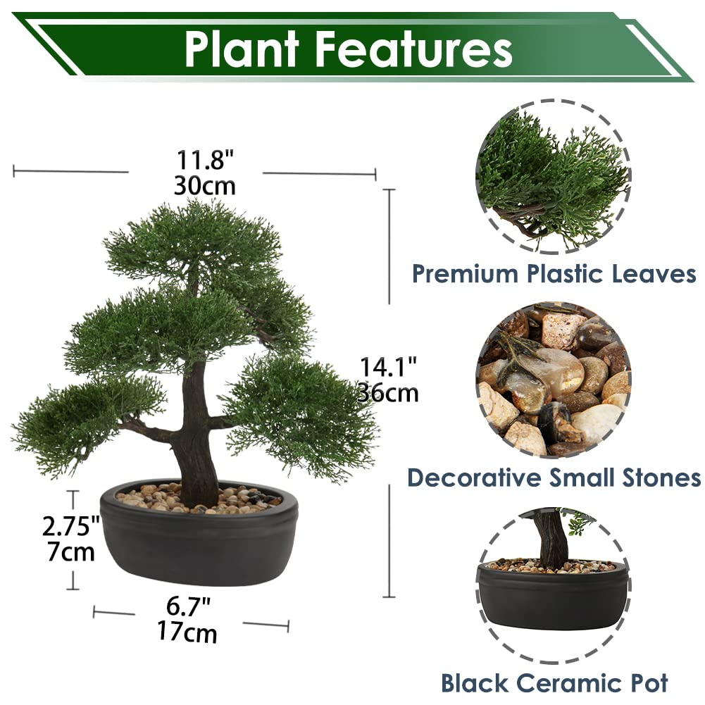 Briful Kunstbonsai Naturgetreue Künstliche Pflanze Kunstbaum Bonsai Zeder Kiefer Podocarpus Plastik Pflanze Kunstpflanze mit Keramik-Übertopf in Schwarz für Baddeko Desktop Büro Fensterbank
