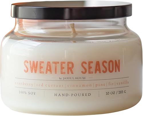 Sweater Season Fall Candle – 10 oz Jar with Black Lid, Cranberry Cinnamon & Fir Blend, Hand-Poured Soy Wax, Cozy Autumn Holiday Home Décor Gift