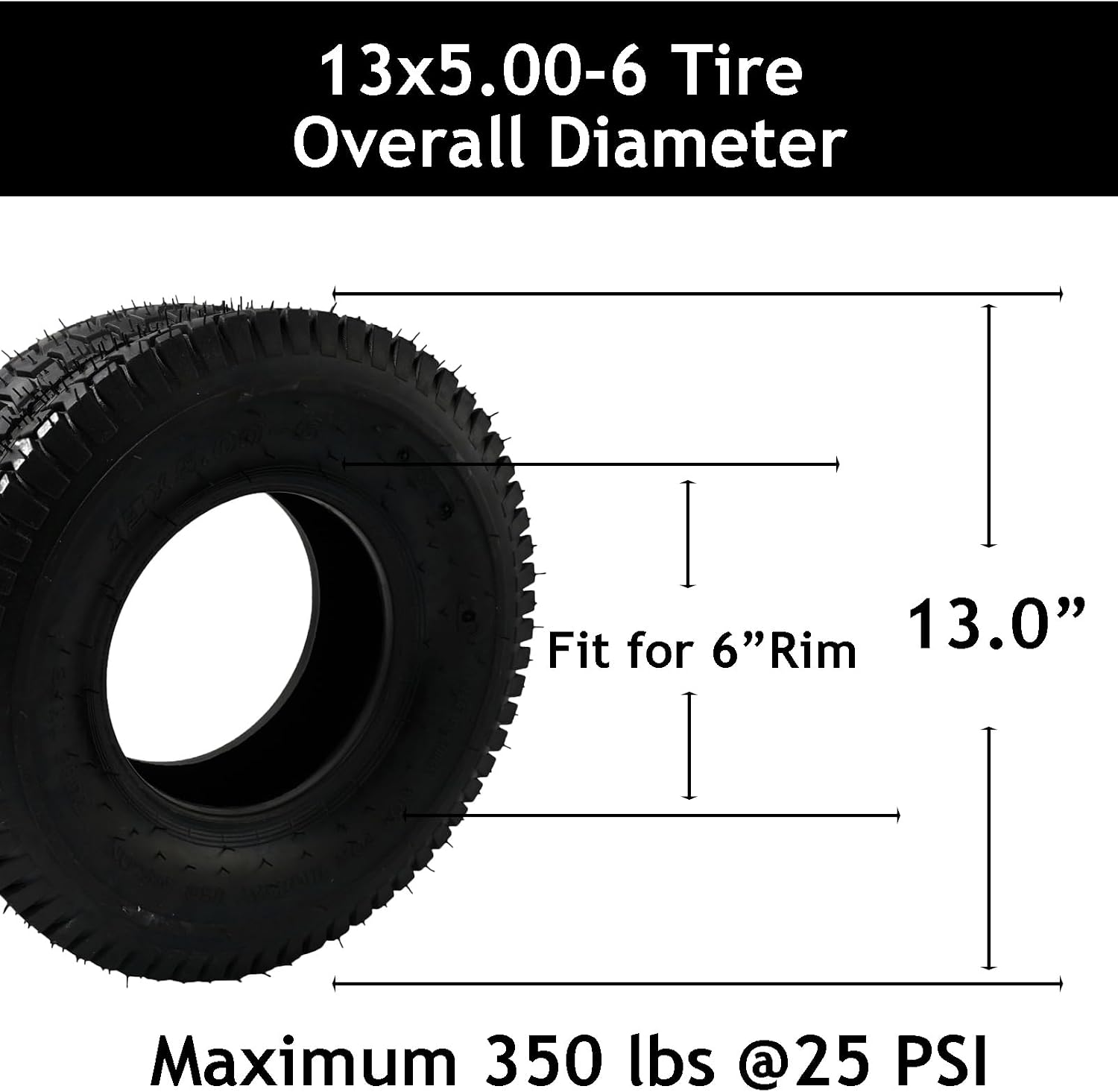 13x5.00-6 4PR Tire and Tube Set, 350 lbs Load Capacity 13x5x6 Tire & Tube for Riding Lawn Mowers and Utility Carts with TR13 Straight Valve & Turf Tread Inner Tube for All-Traction